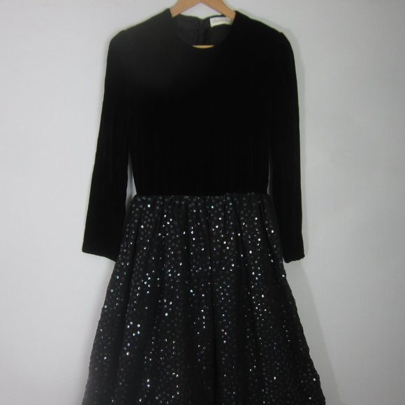 Vtg Saks Fifth Avenue Womens S Black Velvet Fit Flare Sequin Party Formal Dress - Picture 4 of 12